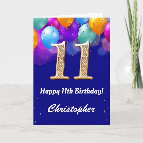 11th Birthday Navy Blue and Gold Colorful Balloons Card