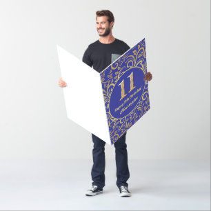11th Birthday Navy Blue and Gold Floral Pattern Card