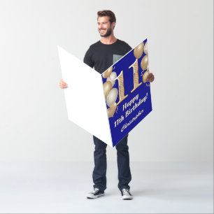 11th Birthday Navy Blue Gold Balloons Extra Large Card