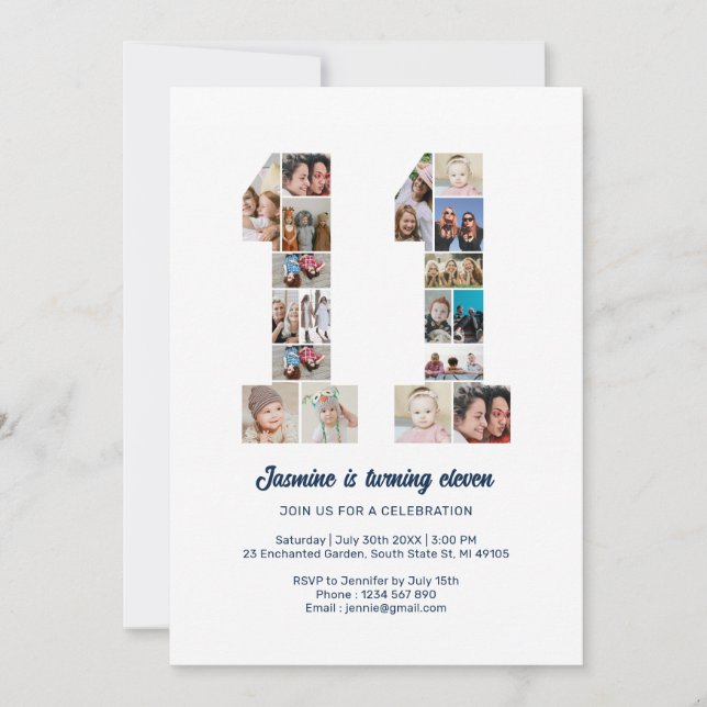 11th Birthday Number 11 Custom Photo Collage Invitation (Front)