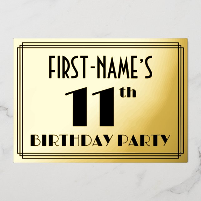 11th Birthday Party — Art Deco Look “11” + Name Foil Invitation (Front)
