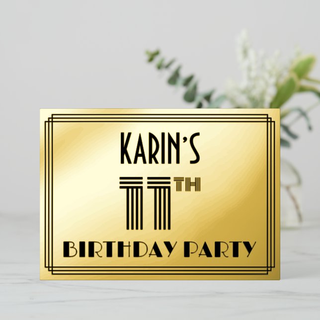 11th Birthday Party — Art Deco Style “11” & Name Foil Invitation (Standing Front)