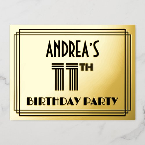 11th Birthday Party  Art Deco Style 11  Name Foil Invitation Postcard