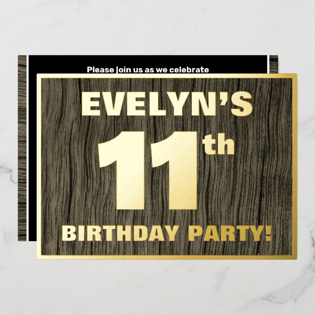 11th Birthday Party: Bold, Faux Wood Grain Pattern Foil Invitation (Front/Back)