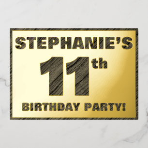 11th Birthday Party — Bold, Faux Wood Grain Text Foil Invitation