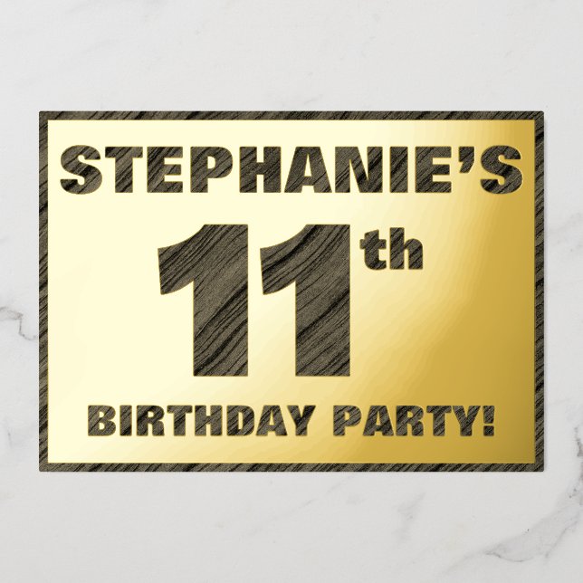 11th Birthday Party — Bold, Faux Wood Grain Text Foil Invitation (Front)