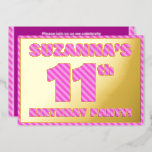 [ Thumbnail: 11th Birthday Party — Bold, Fun, Pink Stripes # 11 Invitation ]