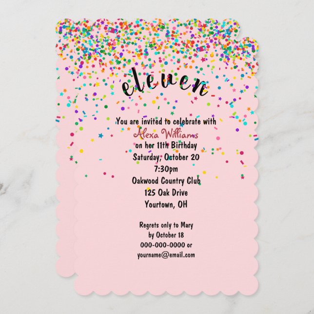 11th Birthday Party confetti Invitation (Front/Back)