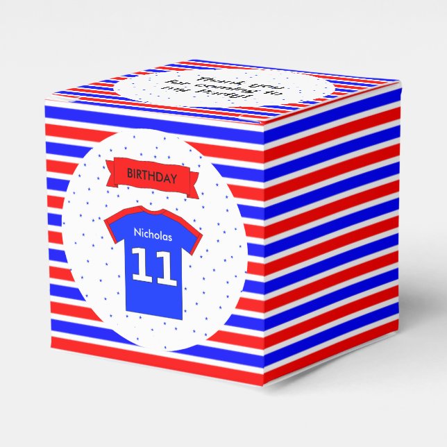 11th birthday party custom name red blue favor boxes (Front Side)