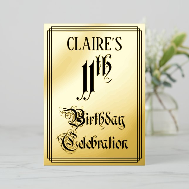 11th Birthday Party — Elegant Script + Custom Name Foil Invitation (Standing Front)