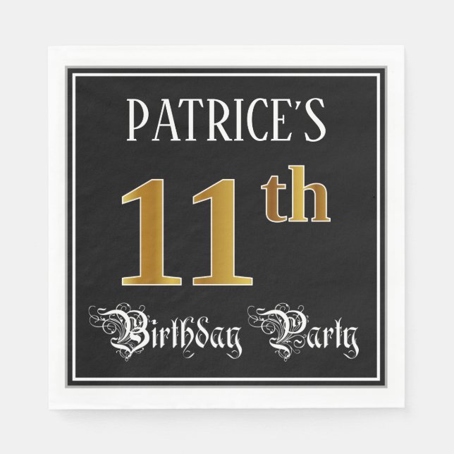 11th Birthday Party — Fancy Script, Faux Gold Look Napkins (Front)