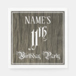 [ Thumbnail: 11th Birthday Party — Fancy Script, Faux Wood Look Napkins ]