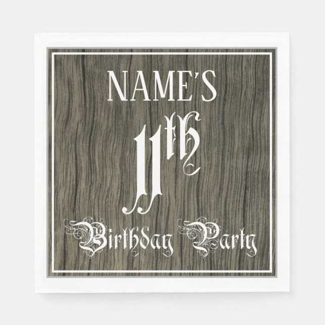 11th Birthday Party — Fancy Script, Faux Wood Look Napkins (Front)