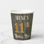 [ Thumbnail: 11th Birthday Party — Faux Gold & Faux Wood Looks Paper Cups ]