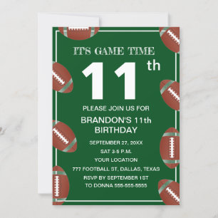 11th Birthday Party Football Green Sport Kids Boy Invitation