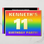 [ Thumbnail: 11th Birthday Party: Fun, Colorful Rainbow Pattern Invitation ]