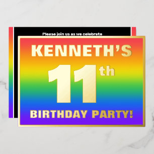 11th Birthday Party: Fun, Colorful Rainbow Pattern Foil Invitation