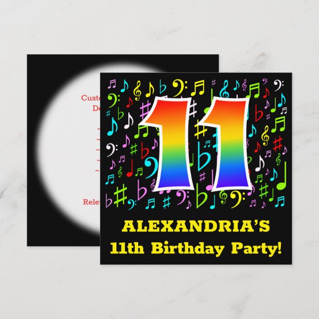 11th Birthday Party: Fun Music Symbols, Rainbow 11 Invitation (Front/Back)