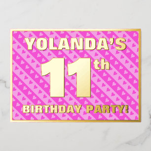 11th Birthday Party — Fun Pink Hearts and Stripes Foil Invitation