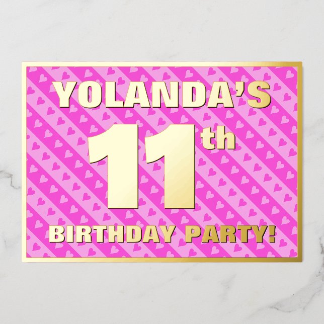 11th Birthday Party — Fun Pink Hearts and Stripes Foil Invitation (Front)