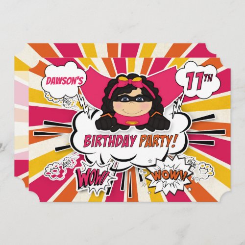 11th Birthday Party Girls Superhero Pink Comic Inv Invitation