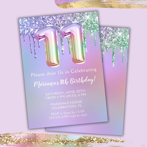 11th Birthday Party Invitation Purple Pink Glitter