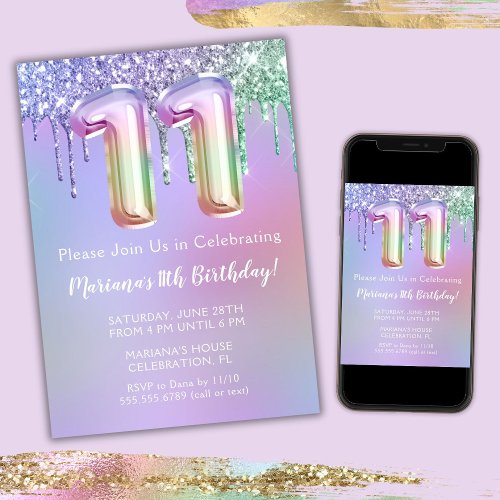 11th Birthday Party Invitation Purple Pink Glitter