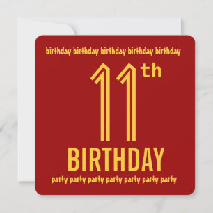 11th Birthday Party Modern Red and Gold Invitation