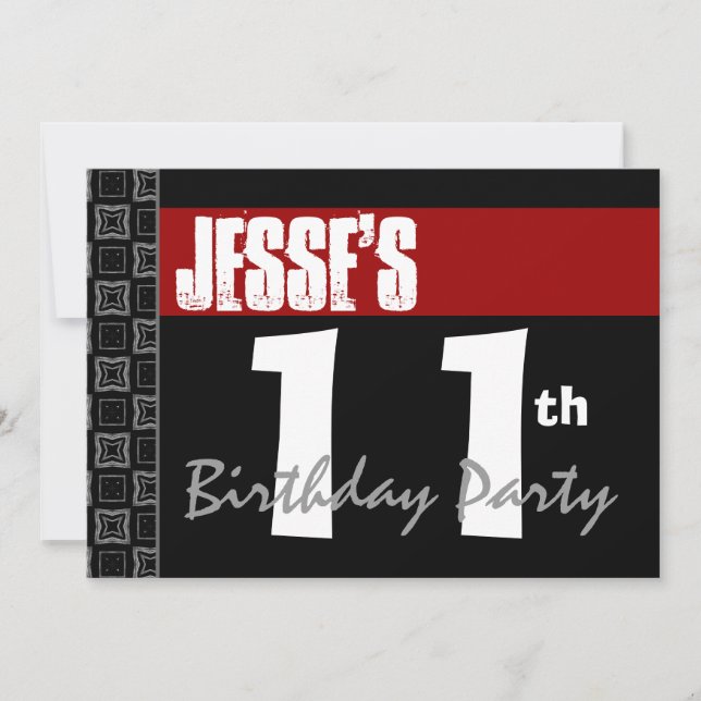 11th Birthday Party Modern Red Black and White Invitation (Front)