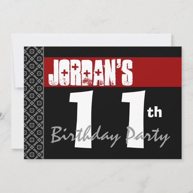 11th Birthday Party Modern Red Black and White Invitation (Front)