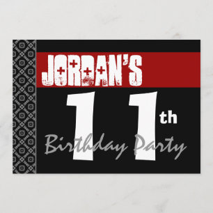 11th Birthday Party Modern Red Black and White Invitation
