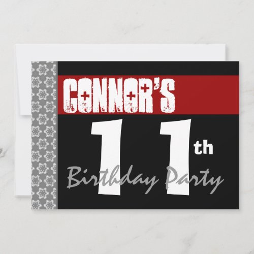 11th Birthday Party Modern Red Black and White Invitation