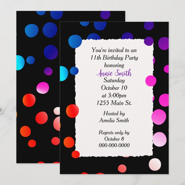 11th Birthday Party Rainbow Dots  Invitation (Front/Back)