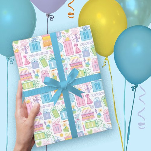 11th Birthday Pastel Pink Cake Presents Balloons  Wrapping Paper Sheets