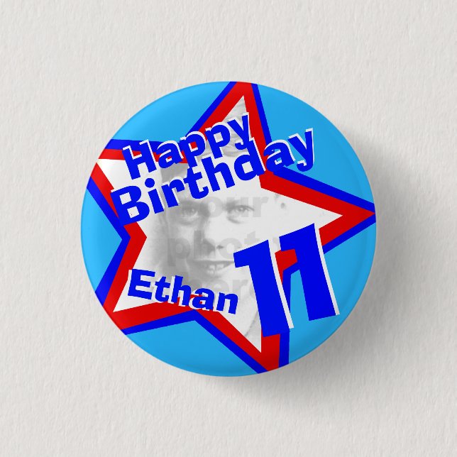 11th Birthday photo Boys red blue button/badge Button (Front)