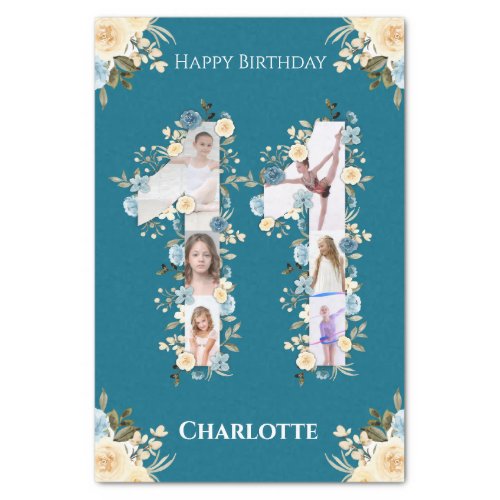 11th Birthday Photo Collage Teal Yellow Flower Tissue Paper