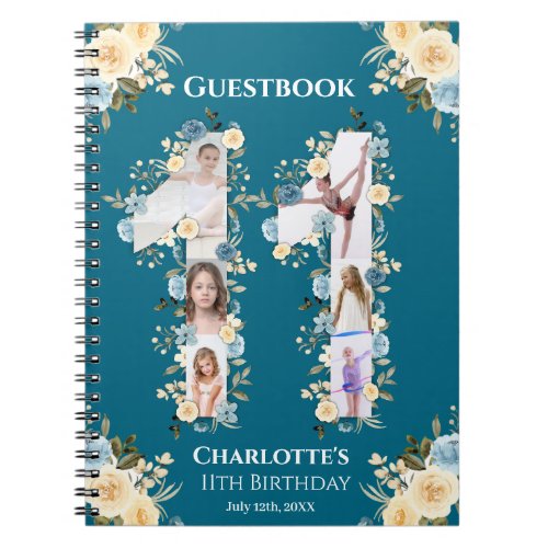 11th Birthday Photo Teal Yellow Flower Guest Book