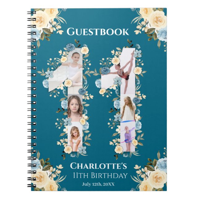 11th Birthday Photo Teal Yellow Flower Guest Book (Front)