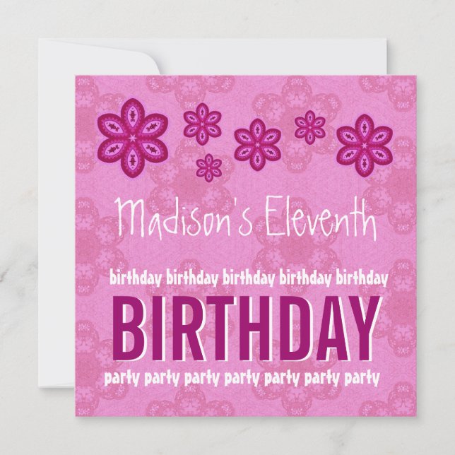 11th Birthday Pink Flowers Girl Custom Name Invitation (Front)