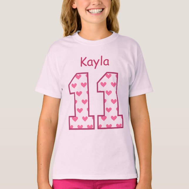 11th Birthday Pink Hearts Custom Name V025BN T-Shirt (Front)