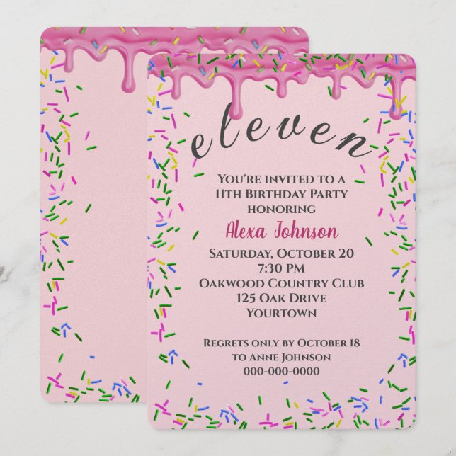 11th Birthday Pink Icing And Sprinkles Invitation (Front/Back)