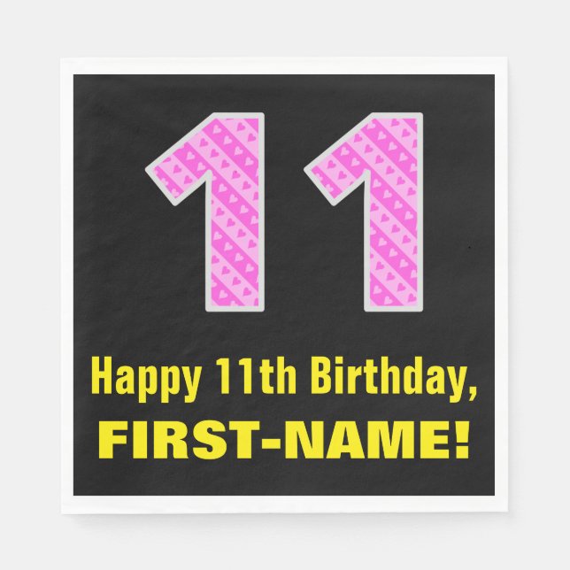11th Birthday: Pink Stripes and Hearts "11" + Name Napkins (Front)