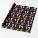 [ Thumbnail: 11th Birthday: Pink Stripes and Hearts "11" + Name Wrapping Paper ]