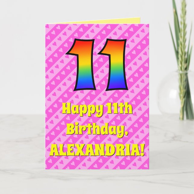11th Birthday: Pink Stripes & Hearts, Rainbow # 11 Card (Front)