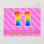 [ Thumbnail: 11th Birthday: Pink Stripes & Hearts, Rainbow 11 Postcard ]