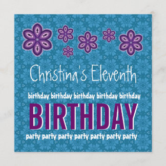 11th Birthday Purple Flowers Custom Name Invitation