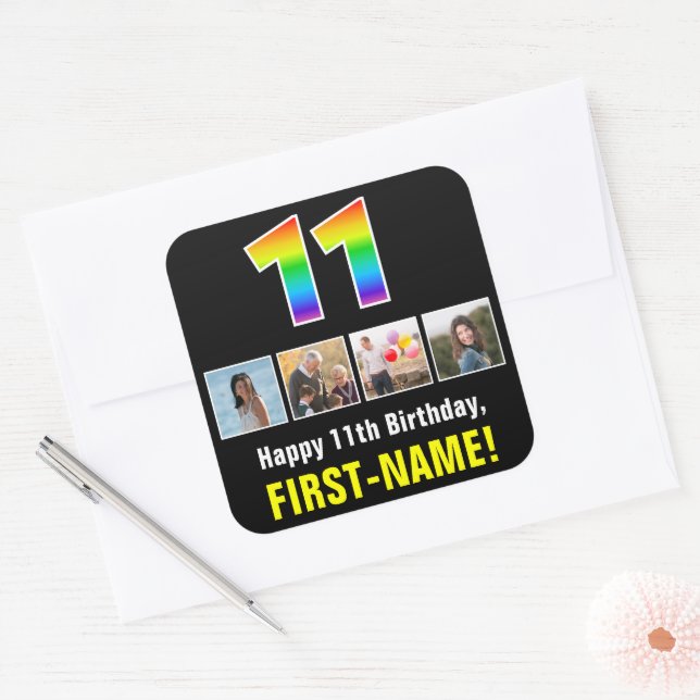 11th Birthday: Rainbow “11”; Custom Photos & Name Square Sticker (Envelope)