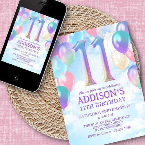 11th Birthday Rainbow Balloons Invitation