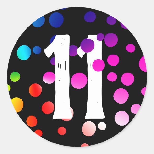 11th Birthday Rainbow Dots on Black Classic Round Sticker (Front)