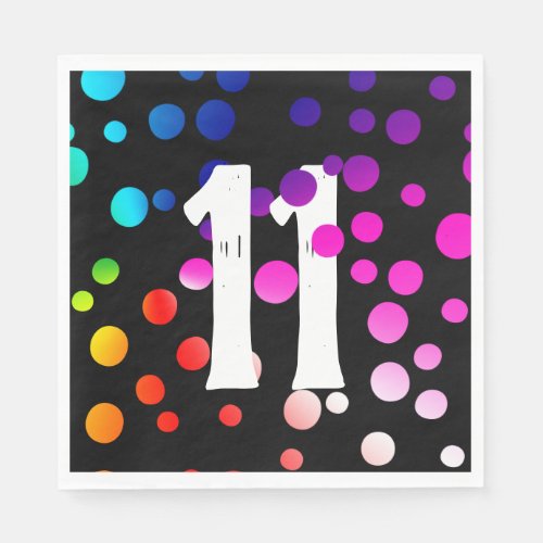11th Birthday Rainbow Dots on Black  Napkins